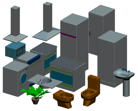 Blocos 3D do GR_ARQUI renderizados no AutoCAD