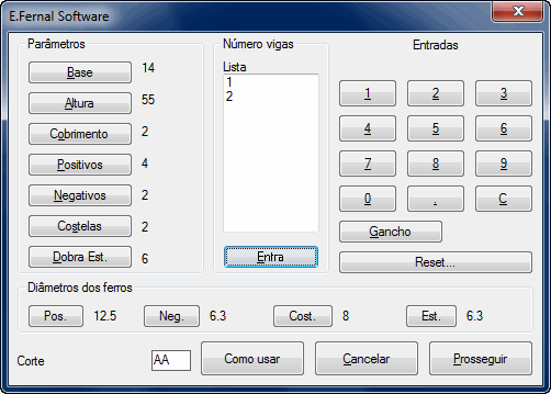 Viga em se&ccedil;&atilde;o, entrada de dados: